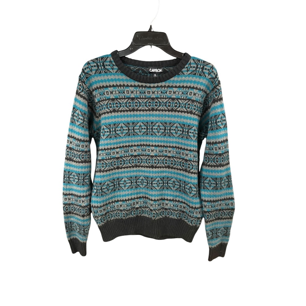 Carbon‎ Mens Fair Isle Geometric Crewneck Sweater Teal Grey Black Size Small